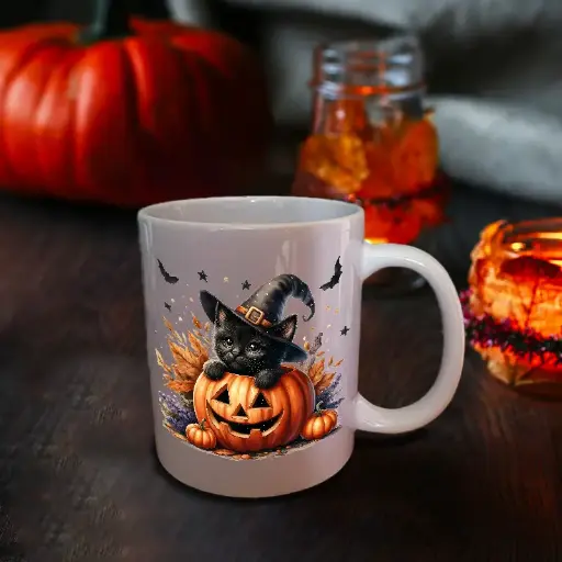 Mug chat halloween citrouille